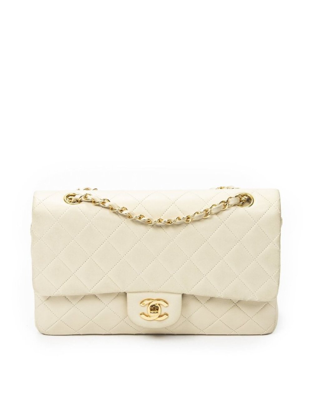 Chanel Quilted Double Flap Bag Ivory Lambskin Leather